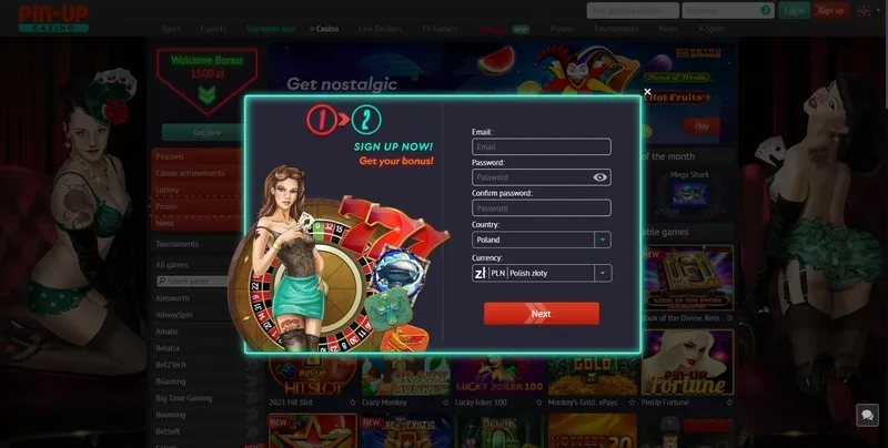 Strona rejestracji w Pin-Up Casino
