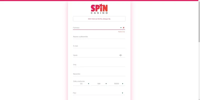 Strona rejestracji w kasynie Spin