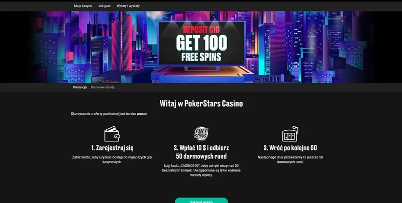 Kasyno Pokerstars 100 spinów przy pierwszej wpłacie Bonus
